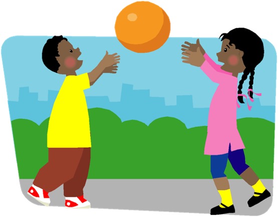 Illustration of two children passing an orange ball.