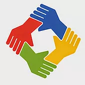 different color hands holding logo