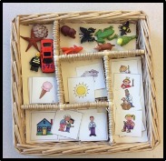 wicker basket of flash cards and toys