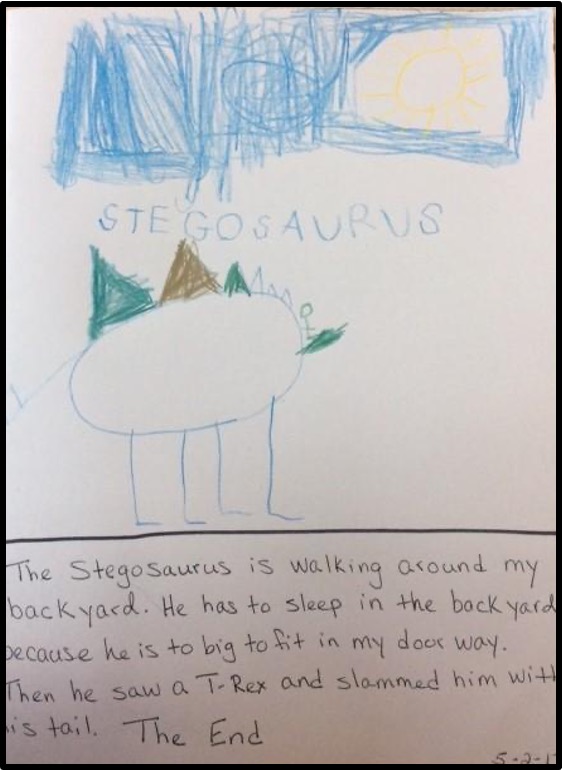 child's drawing of a stegosaurus with dictation underneath