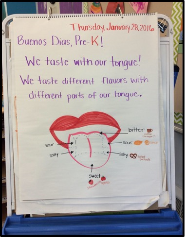 Morning message chart with drawing and text about tongue and tasting