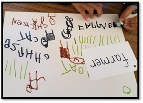child labeling drawing using a word card