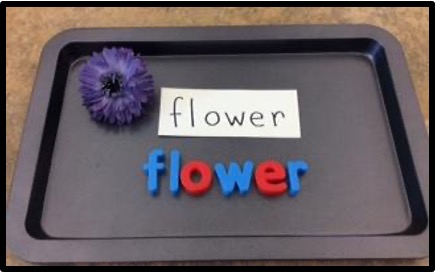 tray with a word card with magnetic letters for building the word