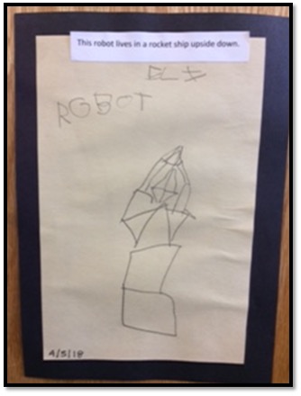 child's drawing mounted and label by teacher with child's words