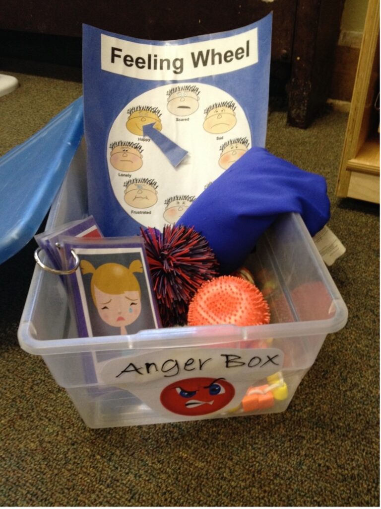 A box full of objects to help a child calm down such as a squishy ball, feeling wheel and cards that show emotions.