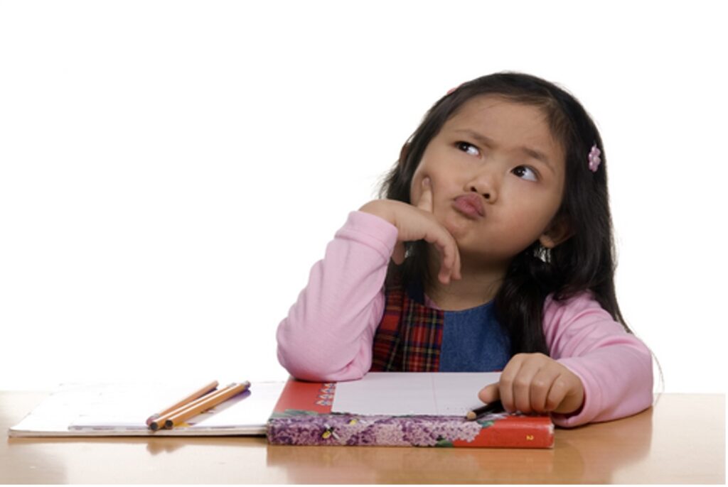 Girl in thinker's pose with hand on her cheek, finger extended looking upward.