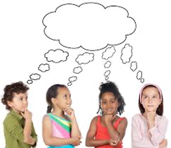 Four children in thinker's pose with a thought bubble above their heads.