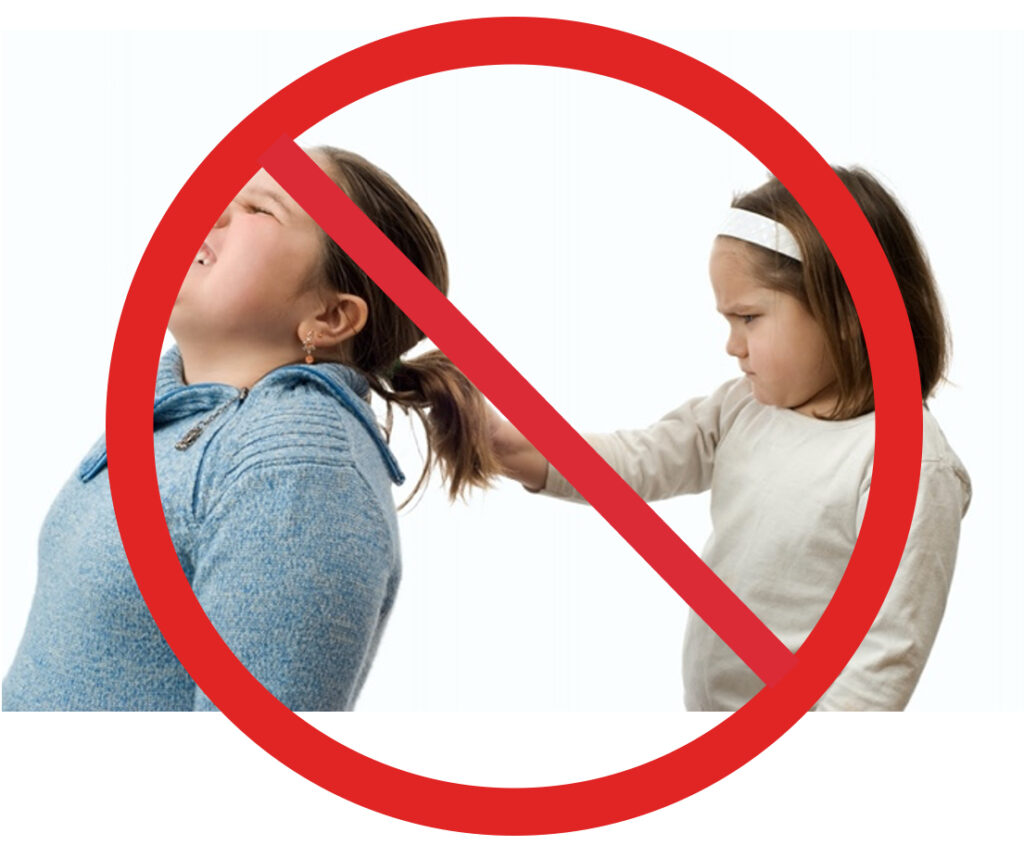 One girl pulling another girl's pony tail with a red circle with a line through it.