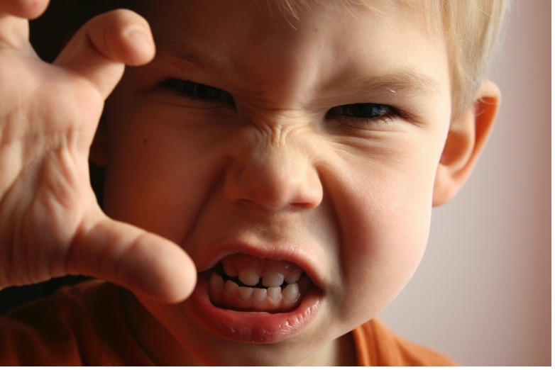 Boy angry, teeth barred and fingers ready to pinch.