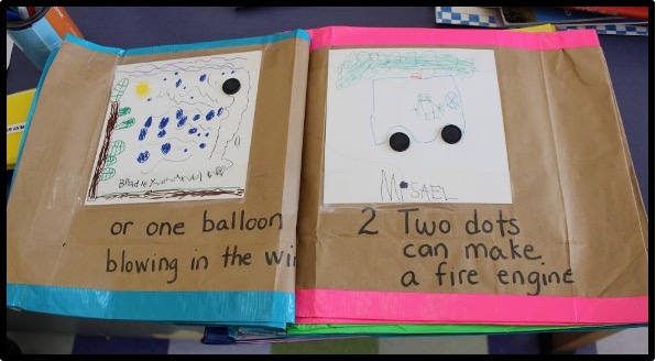 child drawings of a balloon blowing in the wind and a fire engine