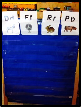 letter sound sorting activity example with letters placed at the top of a pocket chart.