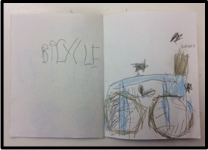 child's drawing of a bicycle labeled with the word "bicycle."