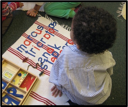 A child sounding out the letters of his favorite plastic animals, finding them in the Moveable Alphabet box and laying them out on the mat.