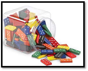 Tub of colorful dominoes