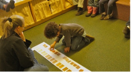Child comparing and seriating shades of brown paint samples from dark to light. 