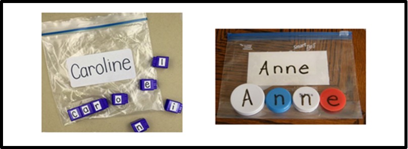 unifix cubes and bottle caps with the letters of children's names