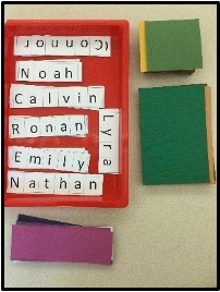 Tray with children names printed on strips of paper