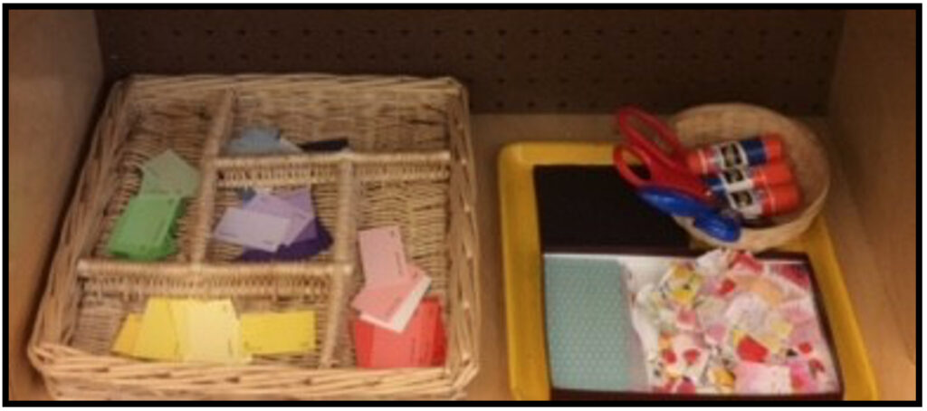 Basket with cut up color pain strip. Tray with flower cutting strips, scissors and glue sticks