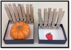 Toy pumpkin and word pumpkin printed onto clothespins. Strawberry image with word strawberry printed onto clothespins